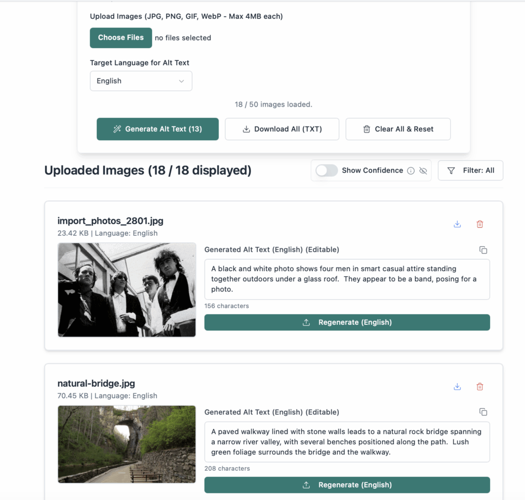 Once you've selected your images using the 'Choose Files' button, they appear as individual cards. This screenshot shows 18 out of a possible 50 images loaded. Each card displays the filename (e.g., 'import_photos_2801.jpg,' 'natural-bridge.jpg'), file size, and the currently set language for generation (English, in this case). The text area for 'Generated Alt Text' is empty, inviting you to either generate text for individual images or use the main 'Generate Alt Text (18)' button at the top to process all of them.